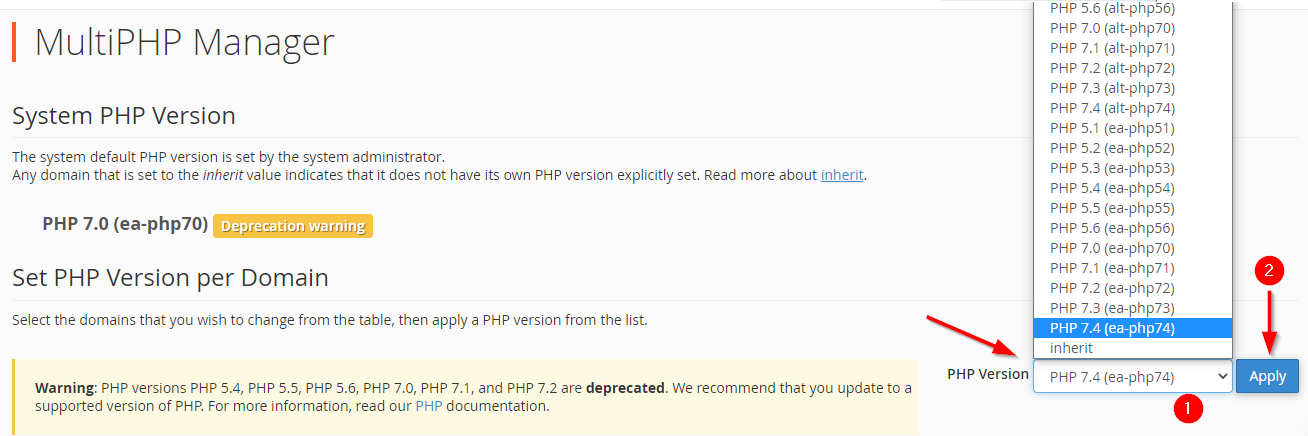 how to change php version in cpanel
