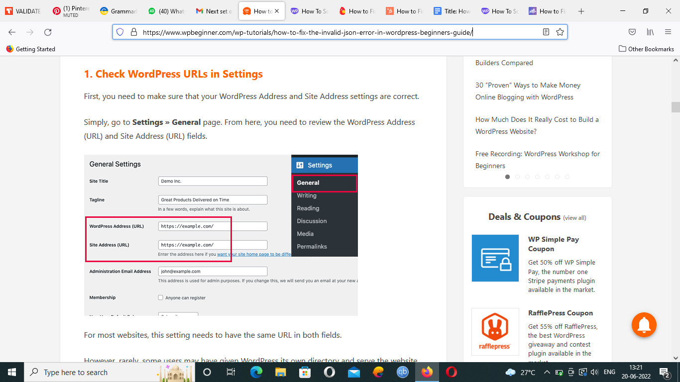 Check the URL Settings of the WordPress Site