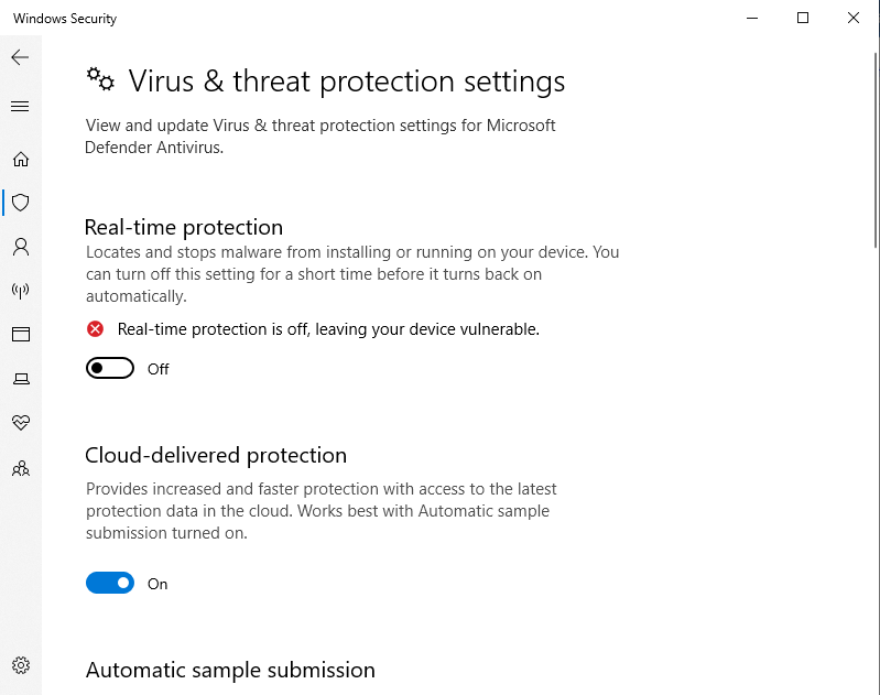 Virus & threat protection settings,