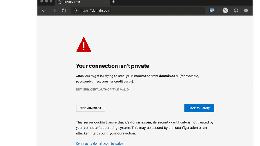 display informing about the NET::ERR_CERT_AUTHORITY_INVALID error on Microsoft Edge