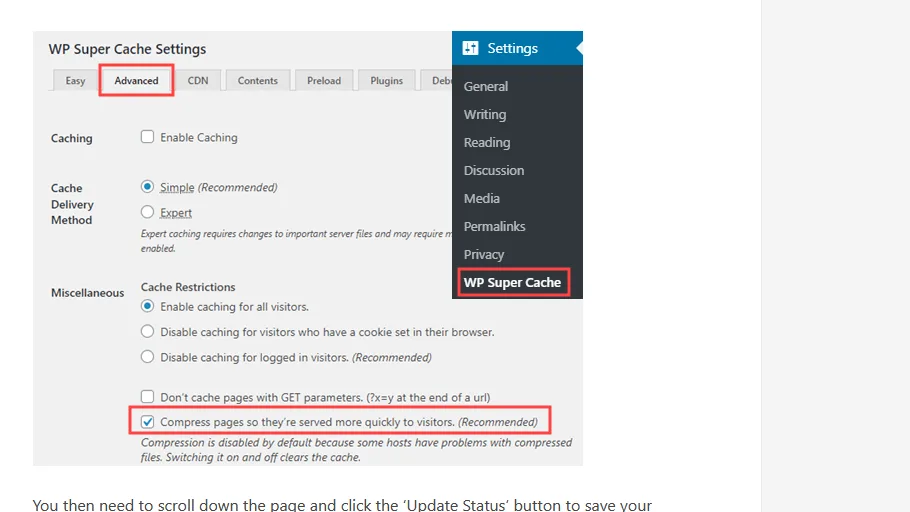 Страница WP Super Cache