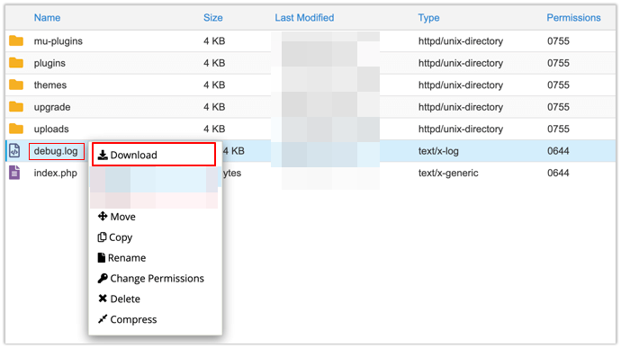 Download debug.log from /wp-content/