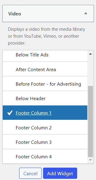 Below title ads, Below Header, and Footer columns 1, 2, and more such options.