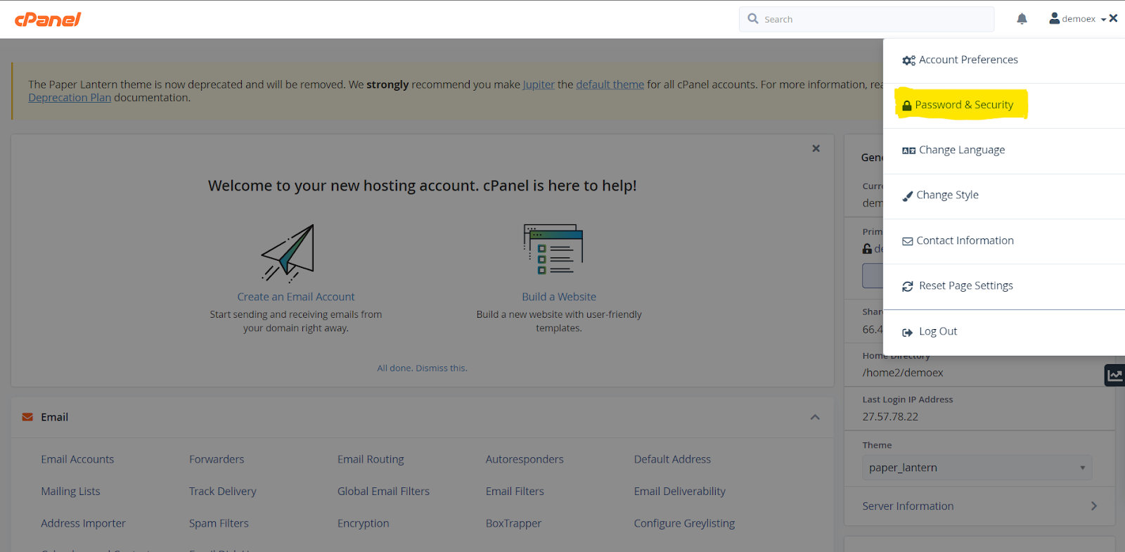profile button at the top-right corner of your cPanel home page