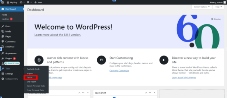 WordPress dashboard