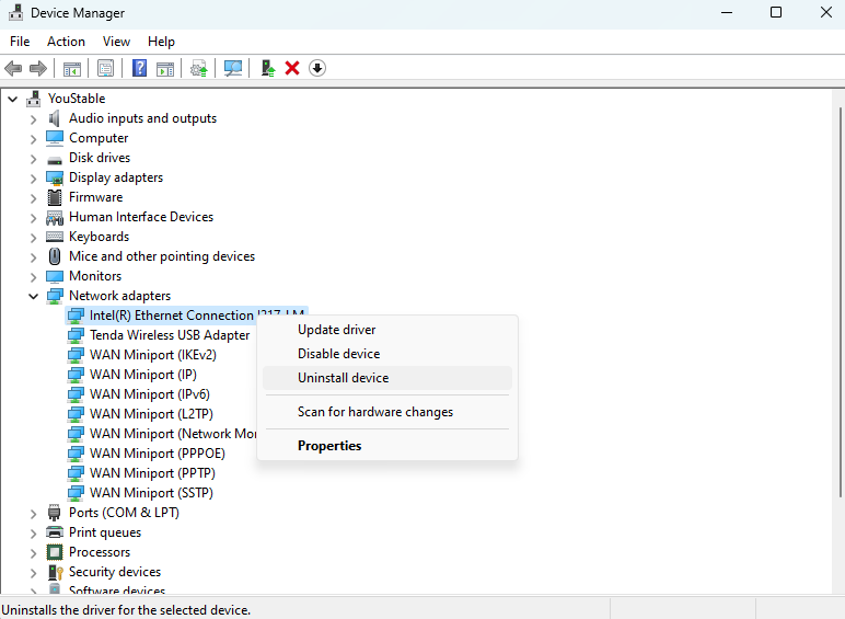 uninstall and uninstall the network adapter