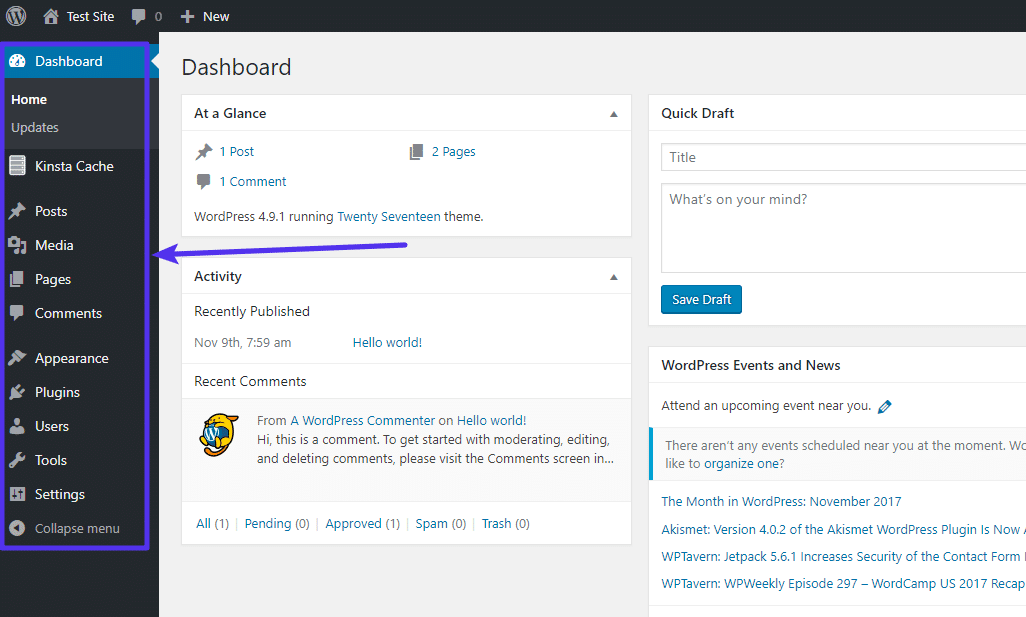 WordPress dashboard interface overview