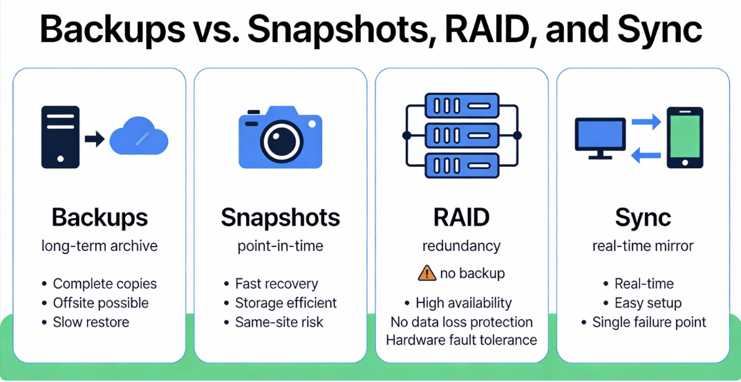 Backups vs. Snapshots, RAID, and Sync