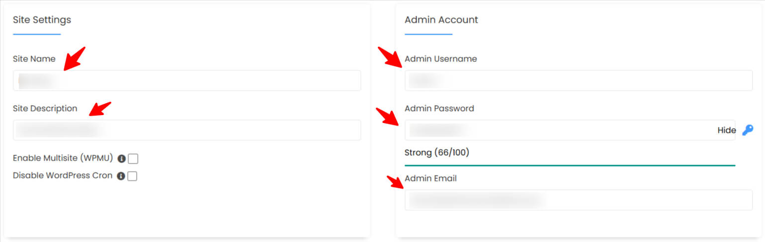 Enter Website Details and Admin Account Information