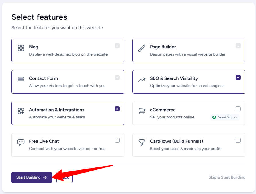 Select Website Features and Start Building