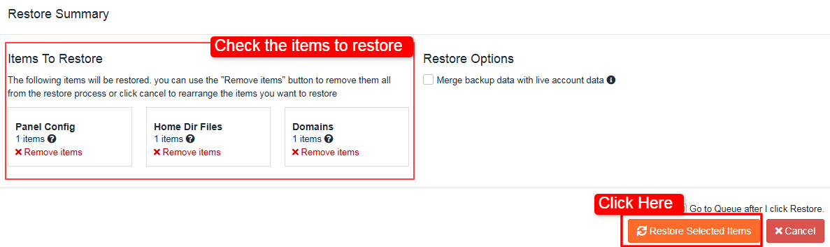 Check the items that are listed for restoration
