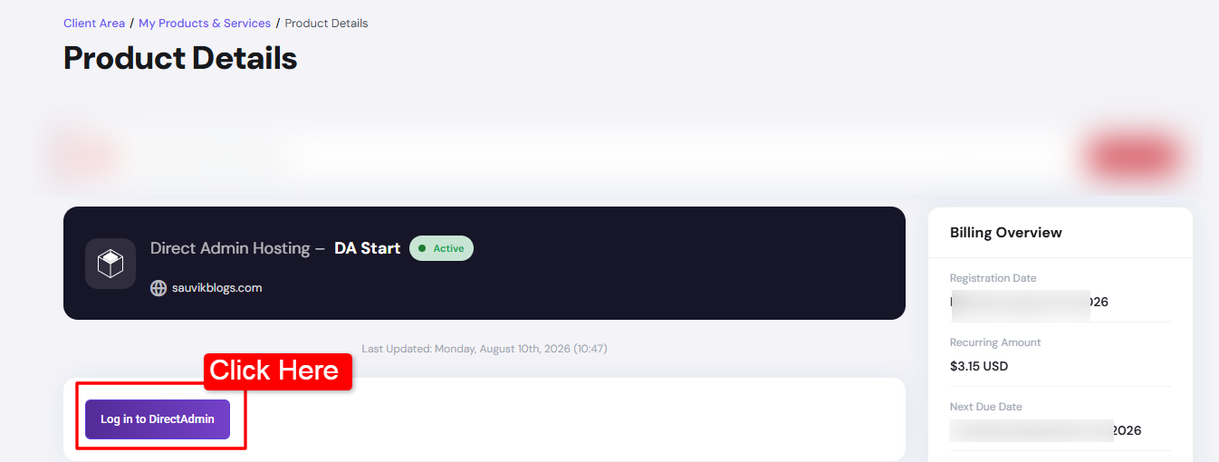 click the Login to DirectAdmin button