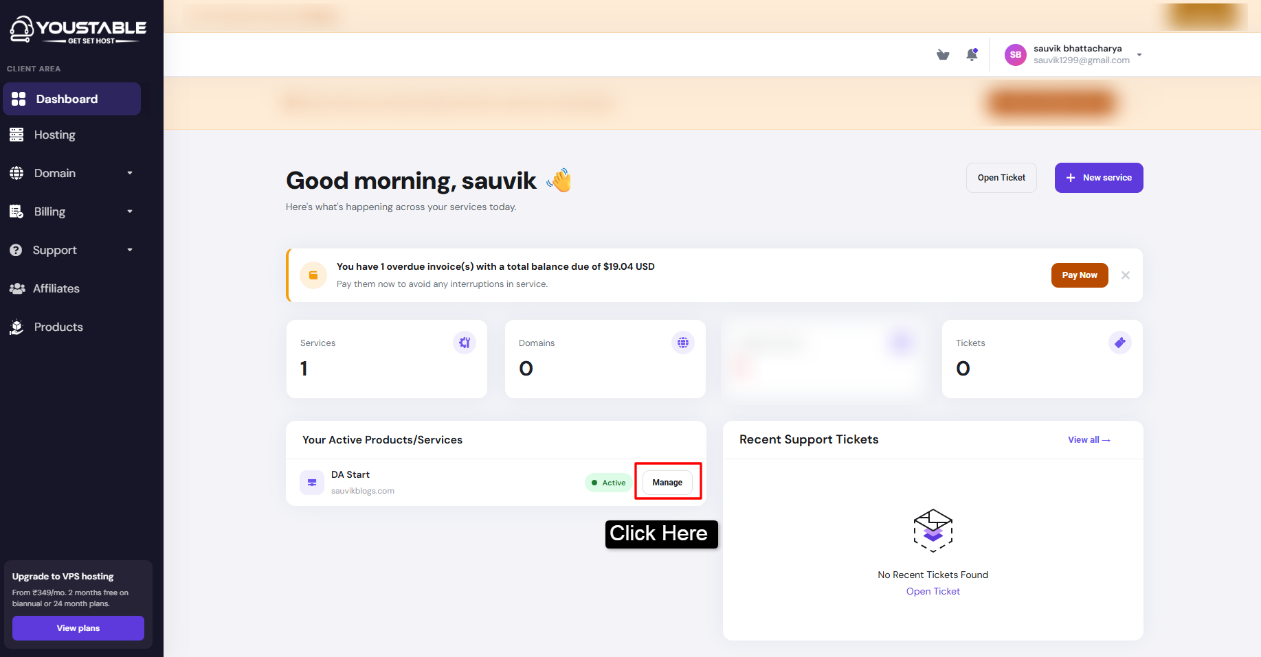 Enter your username and password to the Youstable login page