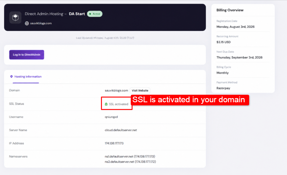 YouStable client area dashboard