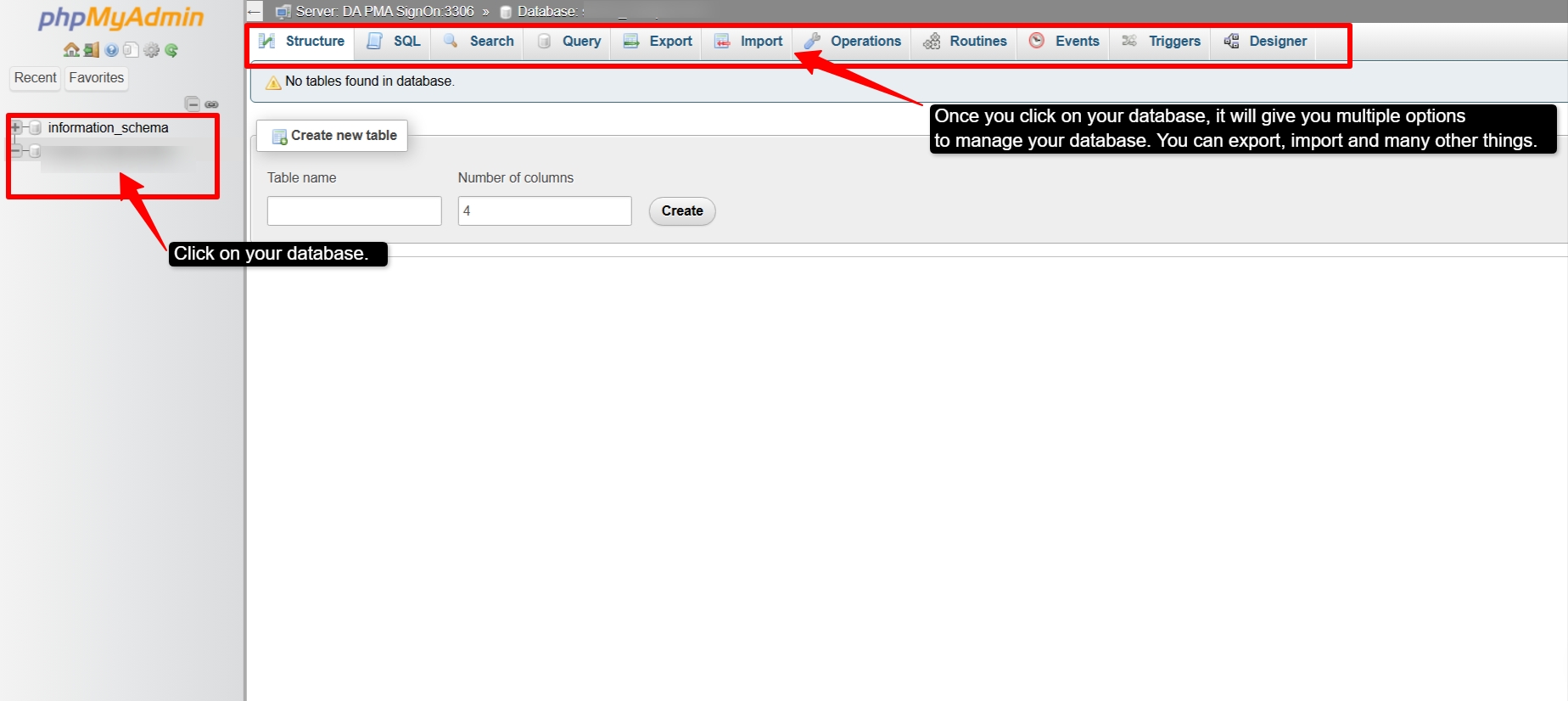 click on your created database