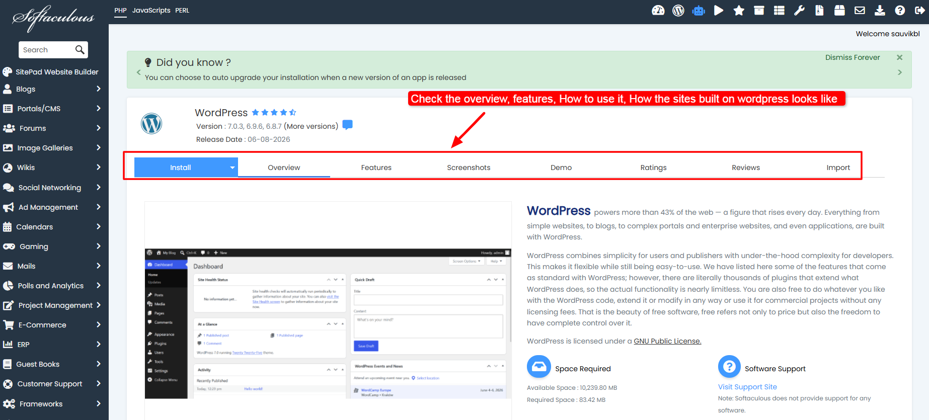 WordPress installation page