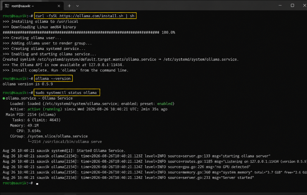 Het installatieprogramma downloadt Ollama en installeert het op uw Ubuntu-server.