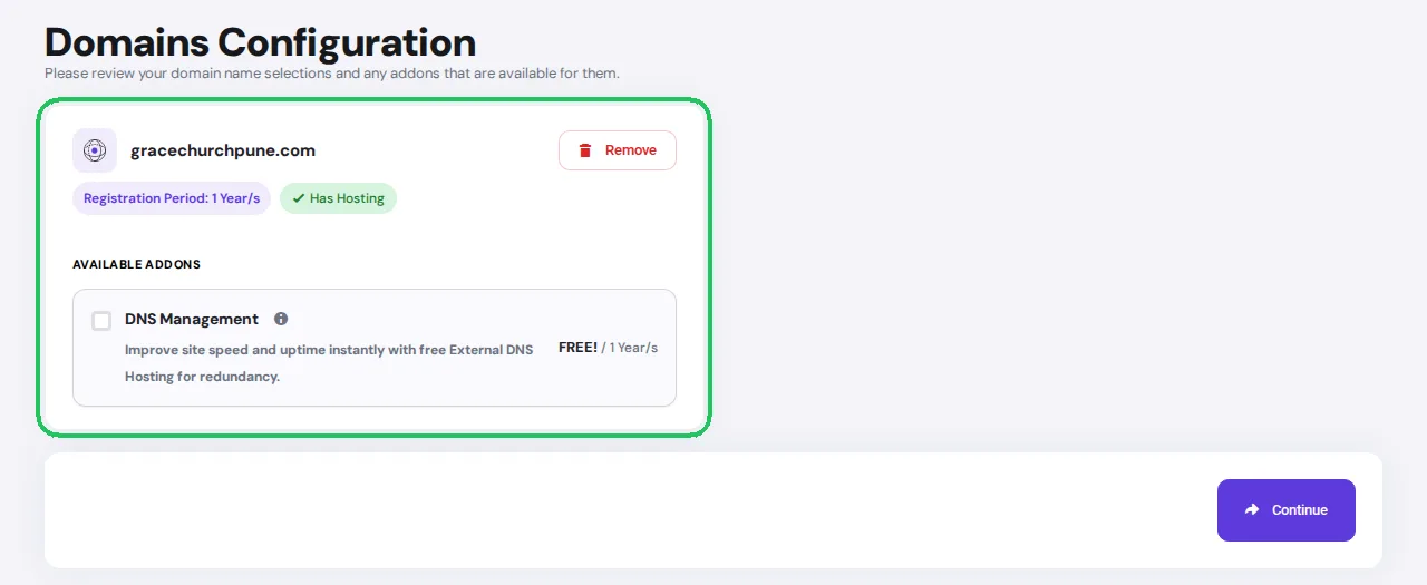 Review church website domain configuration before checkout