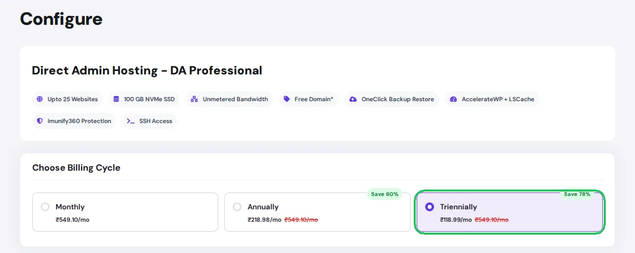 Choose billing cycle for church website WordPress hosting