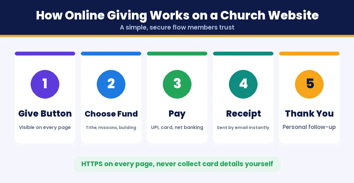 How online giving works on a church website with UPI, cards and receipts