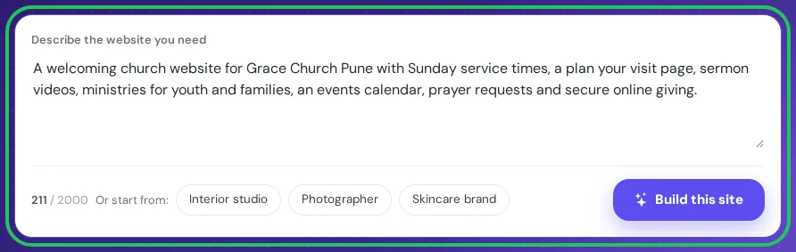 AI church website builder prompt in the YouDesign AI WordPress website builder