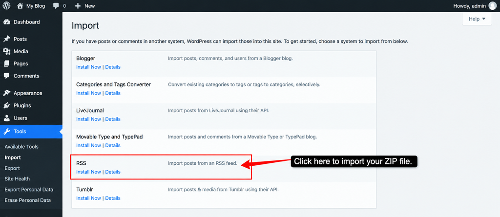 Export using the RSS feed