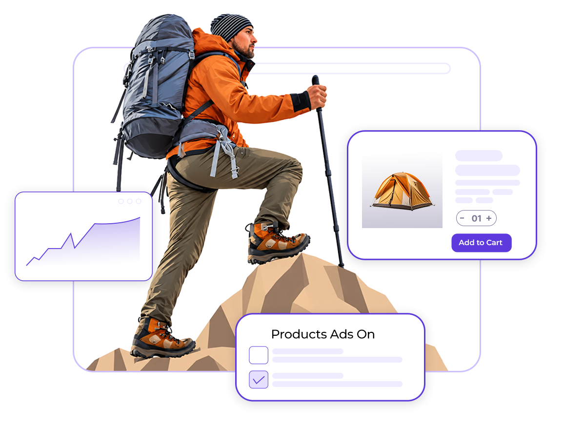 Hiker climbing a mountain beside website cards showing growth analytics, an online store and ads settings, Eynworld web hosting by YouStable